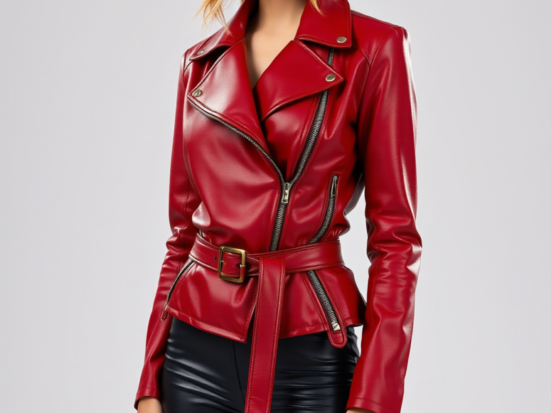 Crimson Red Leather Moto Jacket: Asymmetric Zip with Belted Waist