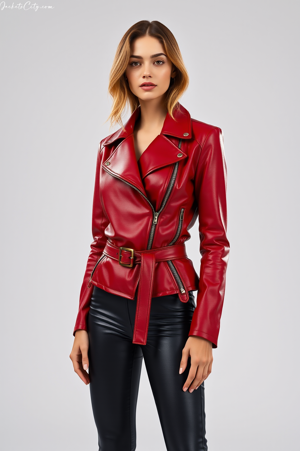 Crimson Red Leather Moto Jacket: Asymmetric Zip with Belted Waist