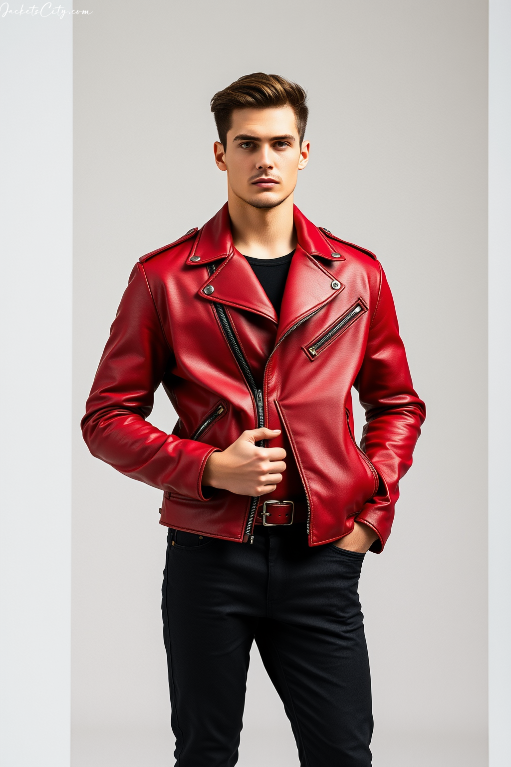 Crimson Red Leather Moto Jacket: Asymmetric Zip with Belted Waist
