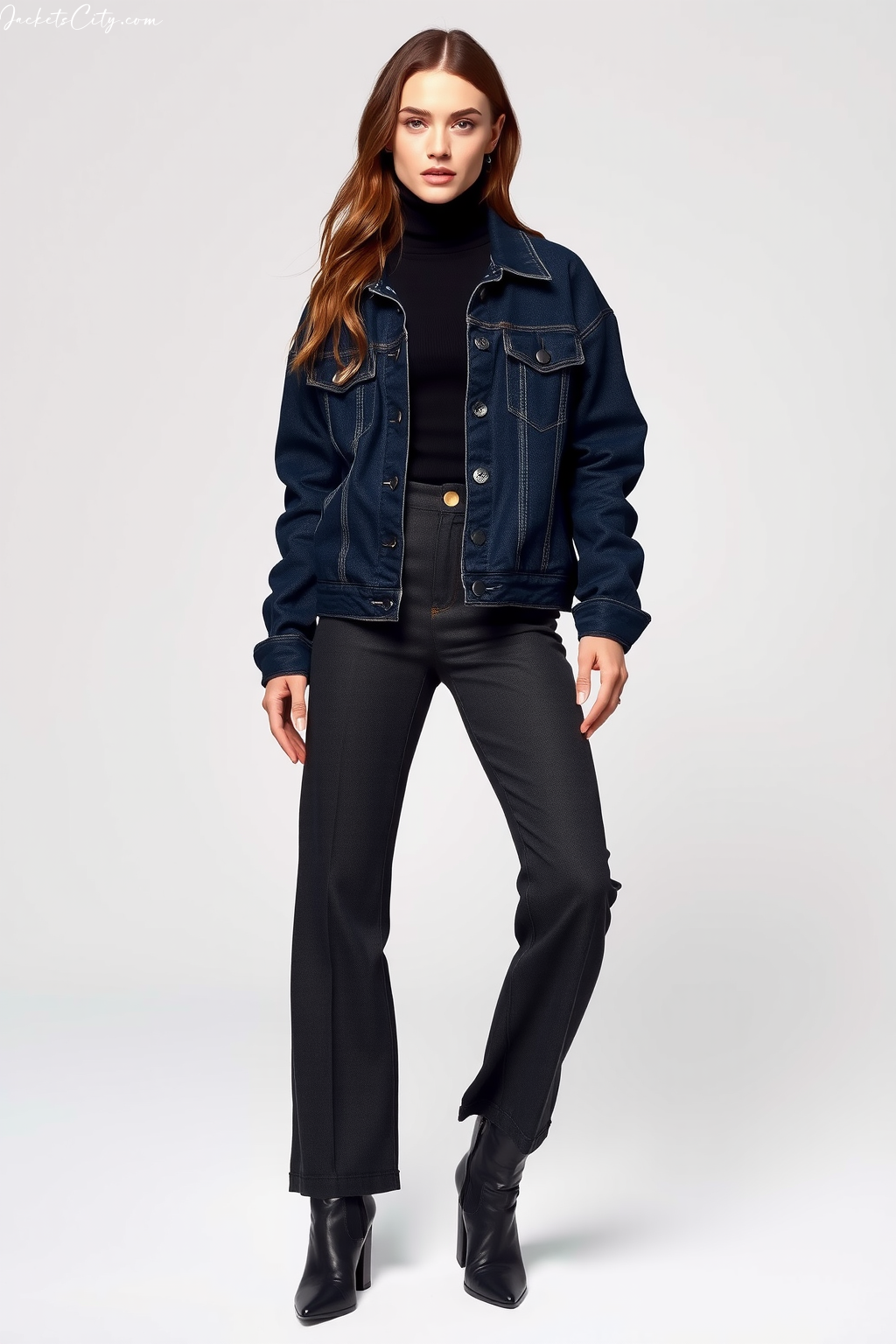 Women's Style: Dark Denim Jacket with Black Turtleneck
