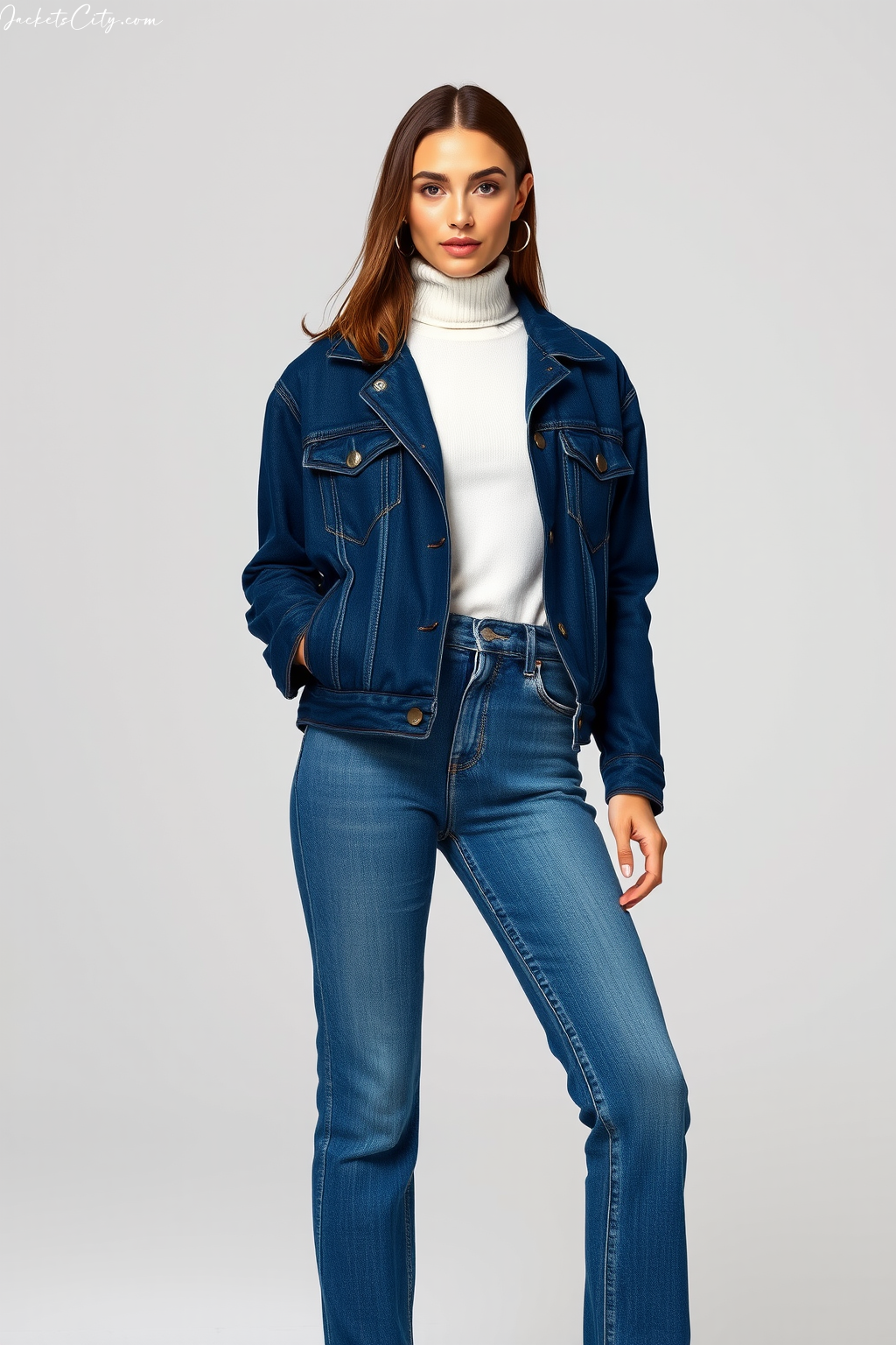Style Inspiration: Dark Denim Jacket over White Turtleneck