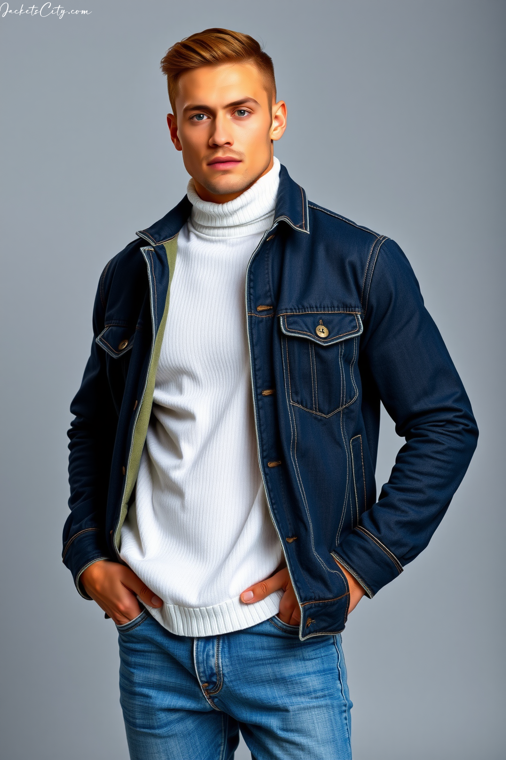 Master the Look: Dark Denim Jacket over White Turtleneck