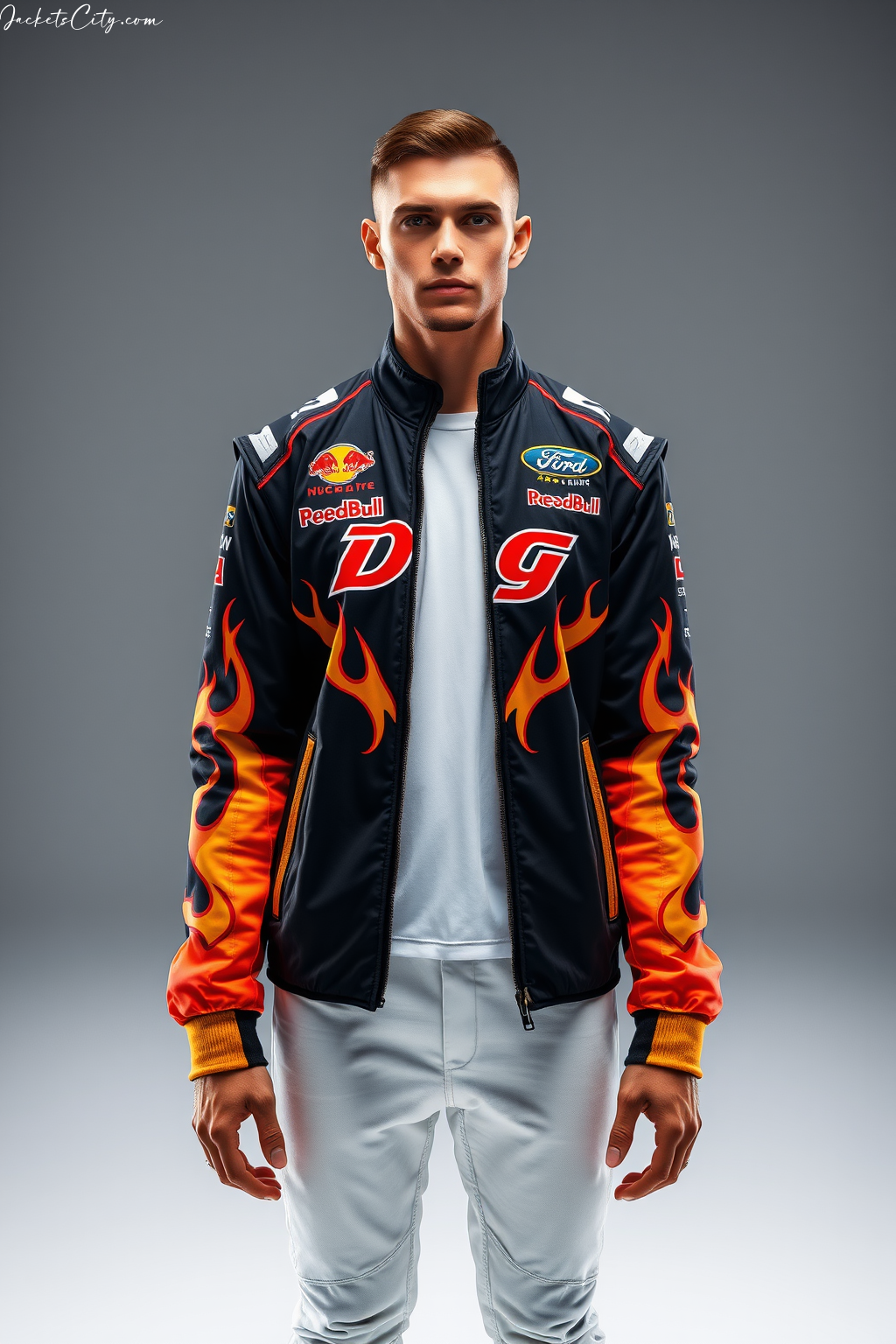 Drag Racing Jacket: Bold Graphics with Flame Details