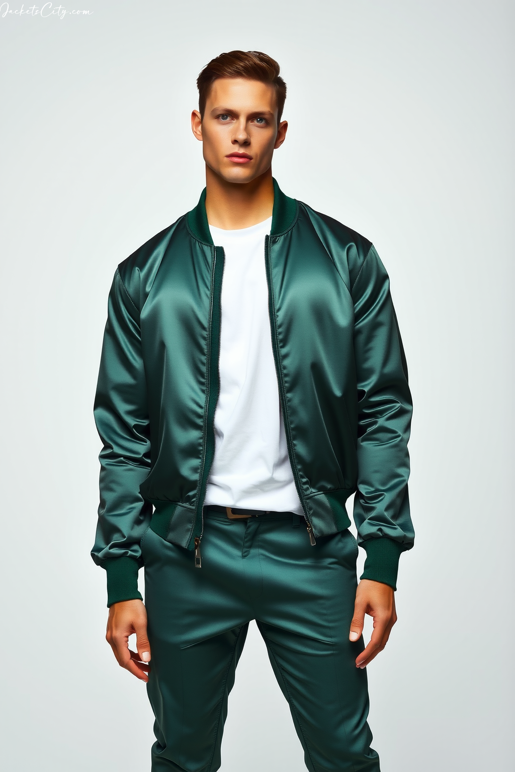Premium Emerald Green Satin Bomber - High Collar Style for Men