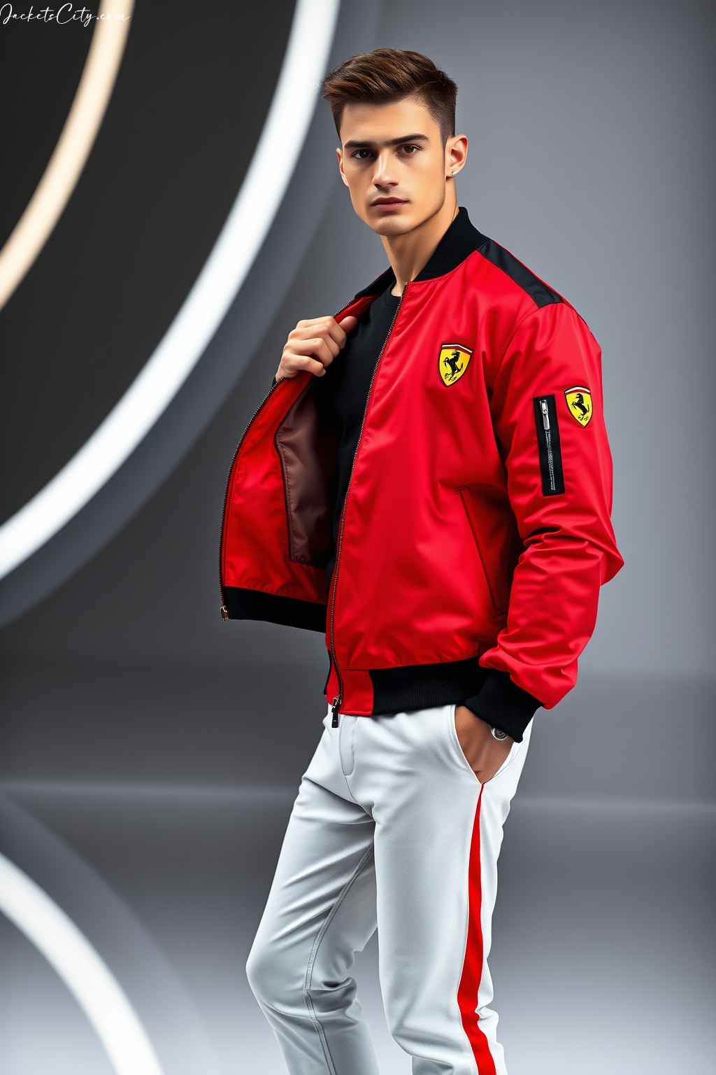 Ferrari Bomber Jacket Red with Black Accents and Embroidered Logos