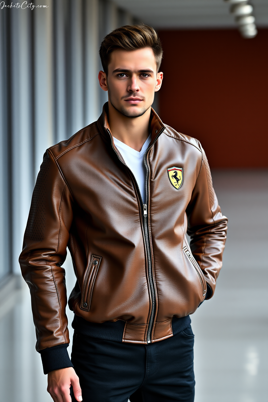 Ferrari Leather Racing Jacket: Perforated Panels and Ferrari Shield