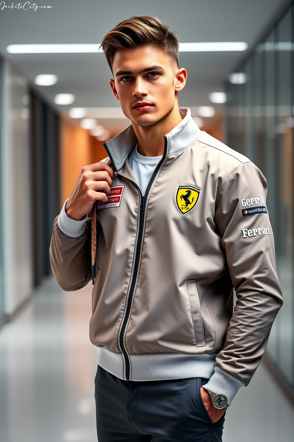 Ferrari Team Jacket: Prancing Horse Emblem and Sponsor Patches