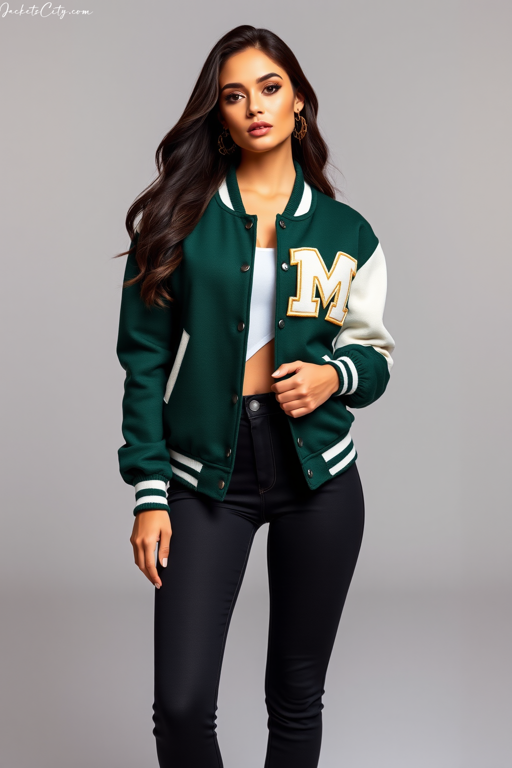Forest Green White Varsity Jacket for Women - Classic Premium Wool Style