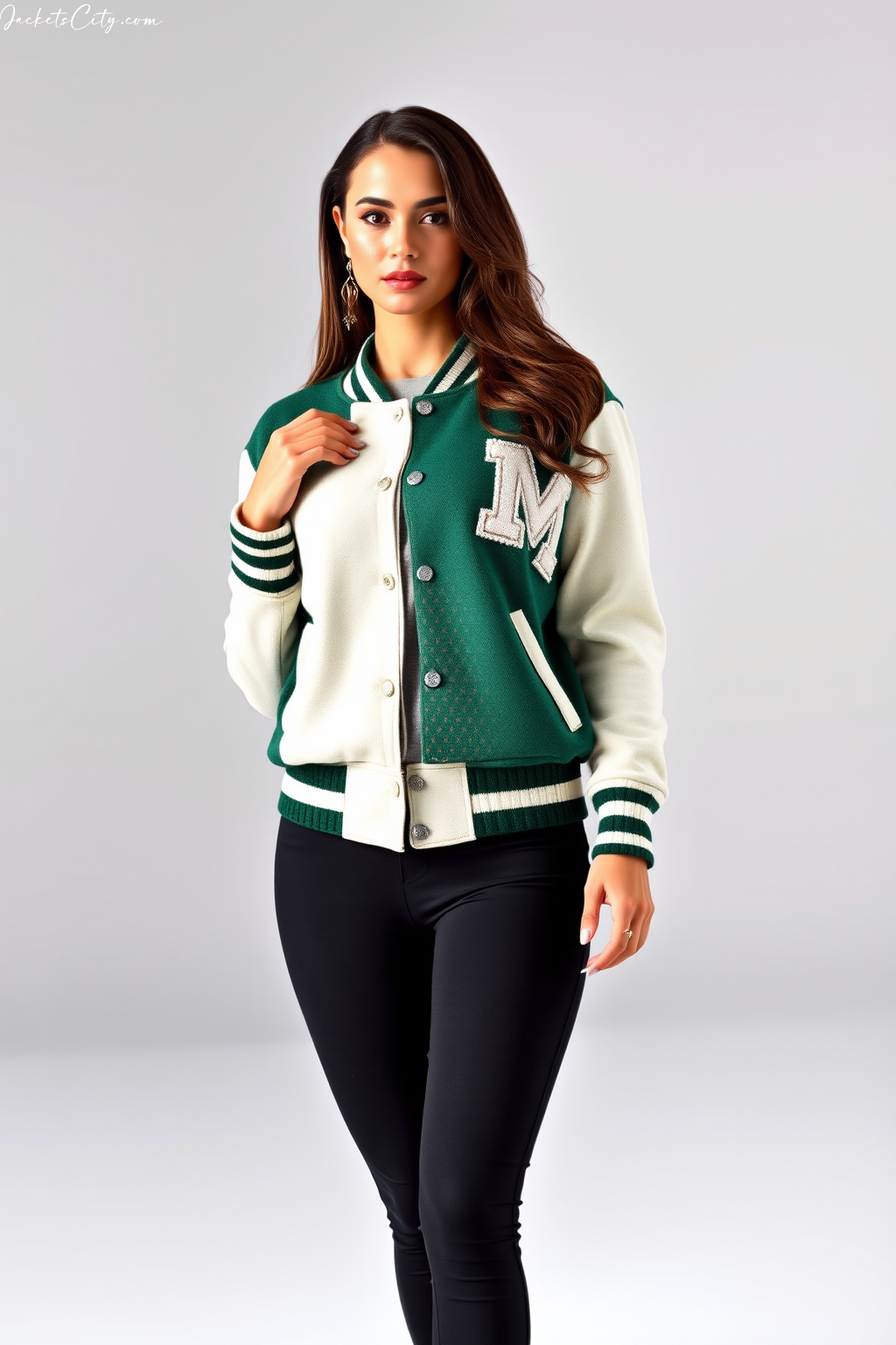 Forest Green White Women's Varsity Jacket - Authentic Wool Body