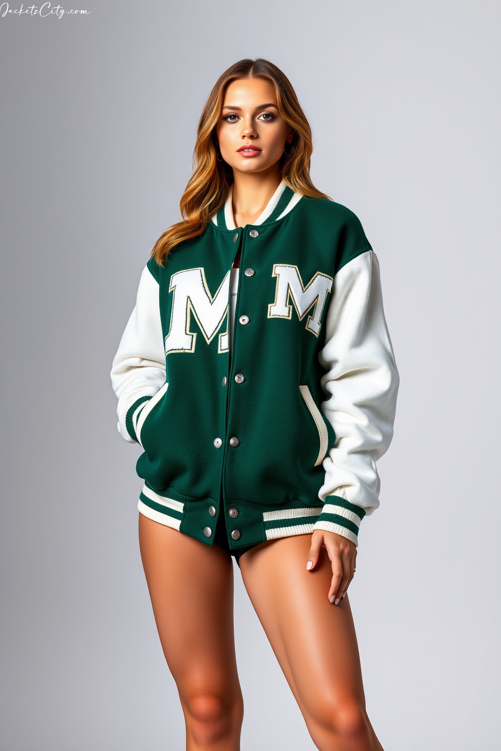 Forest Green White Women's Letterman Jacket with Wool Body - Varsity Style Perfection