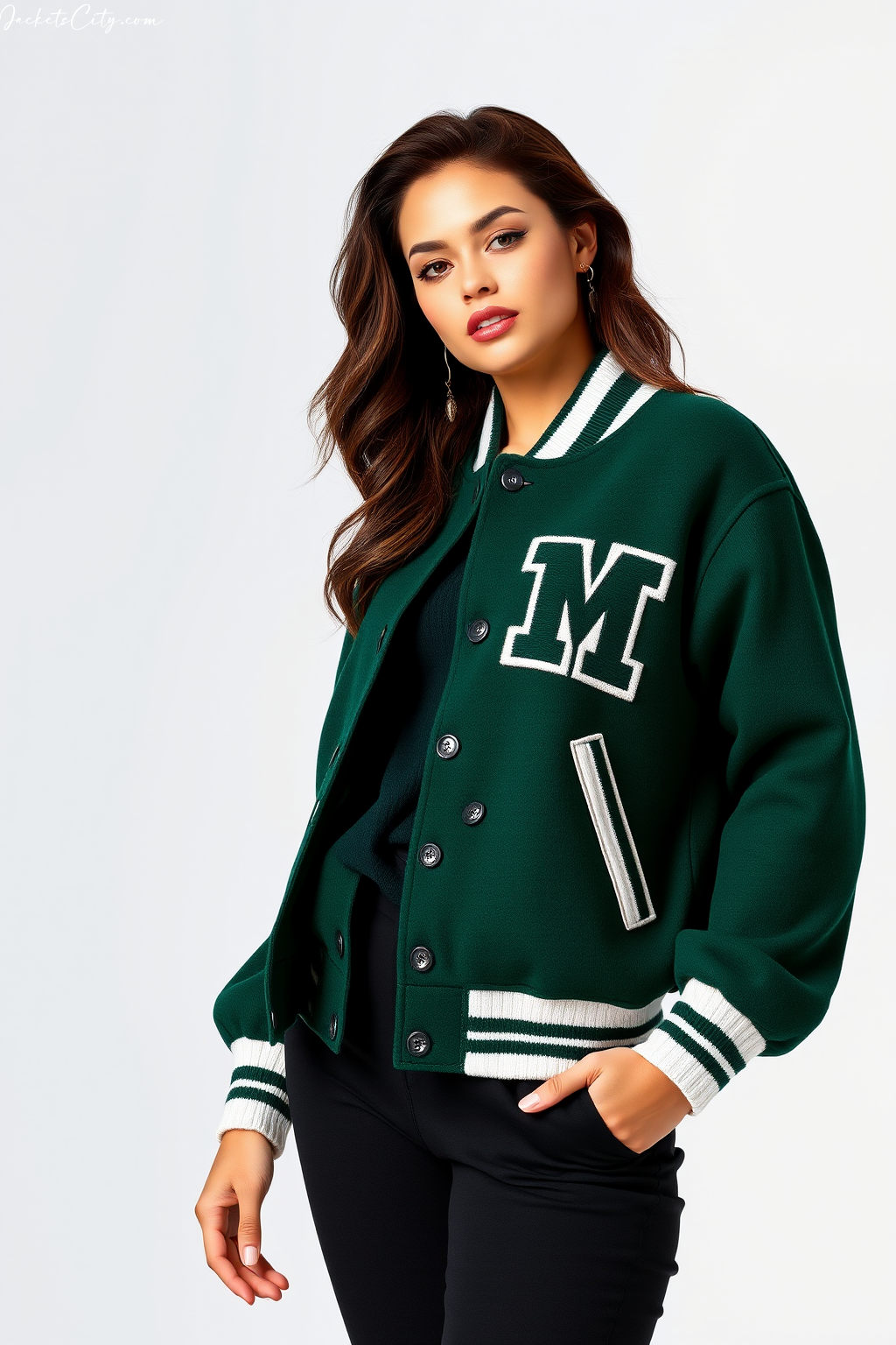 Women’s Forest Green White Letterman Jacket – Premium Wool Body