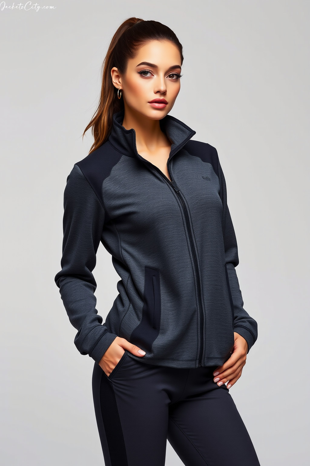 Elegant Graphite Tech Fleece Jacket - High Collar Style for Women