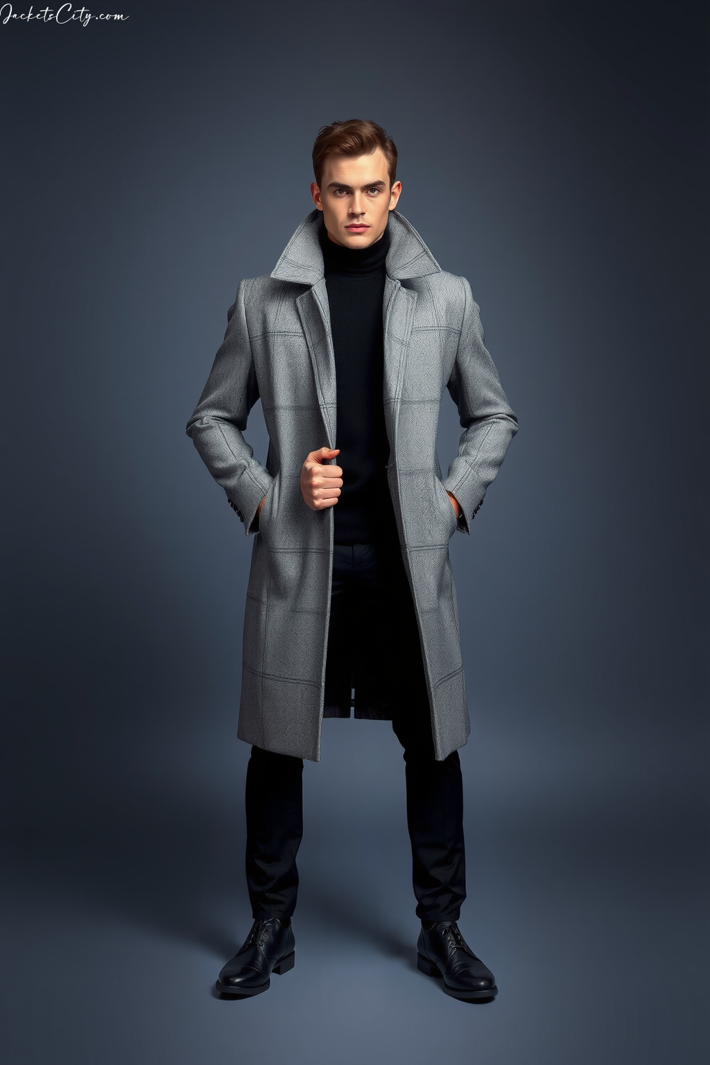 Men's Grey Wool Overcoat - Modern High Collar Design