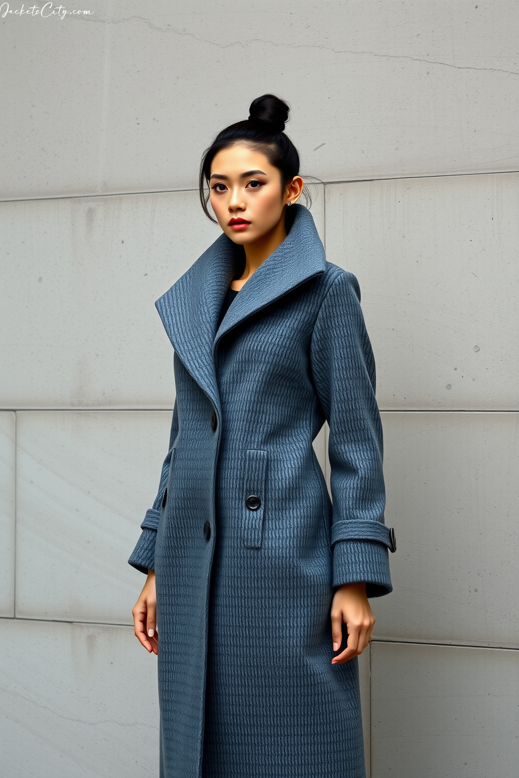 Grey Wool Overcoat - Modern Women's High Collar Jacket