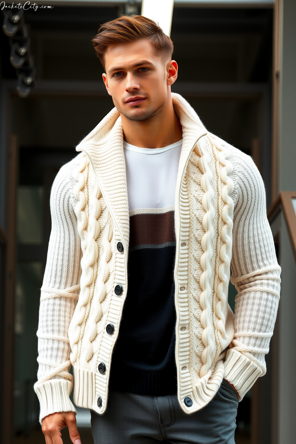 Premium Ivory Cable Knit Cardigan Jacket - High Collar Style for Men