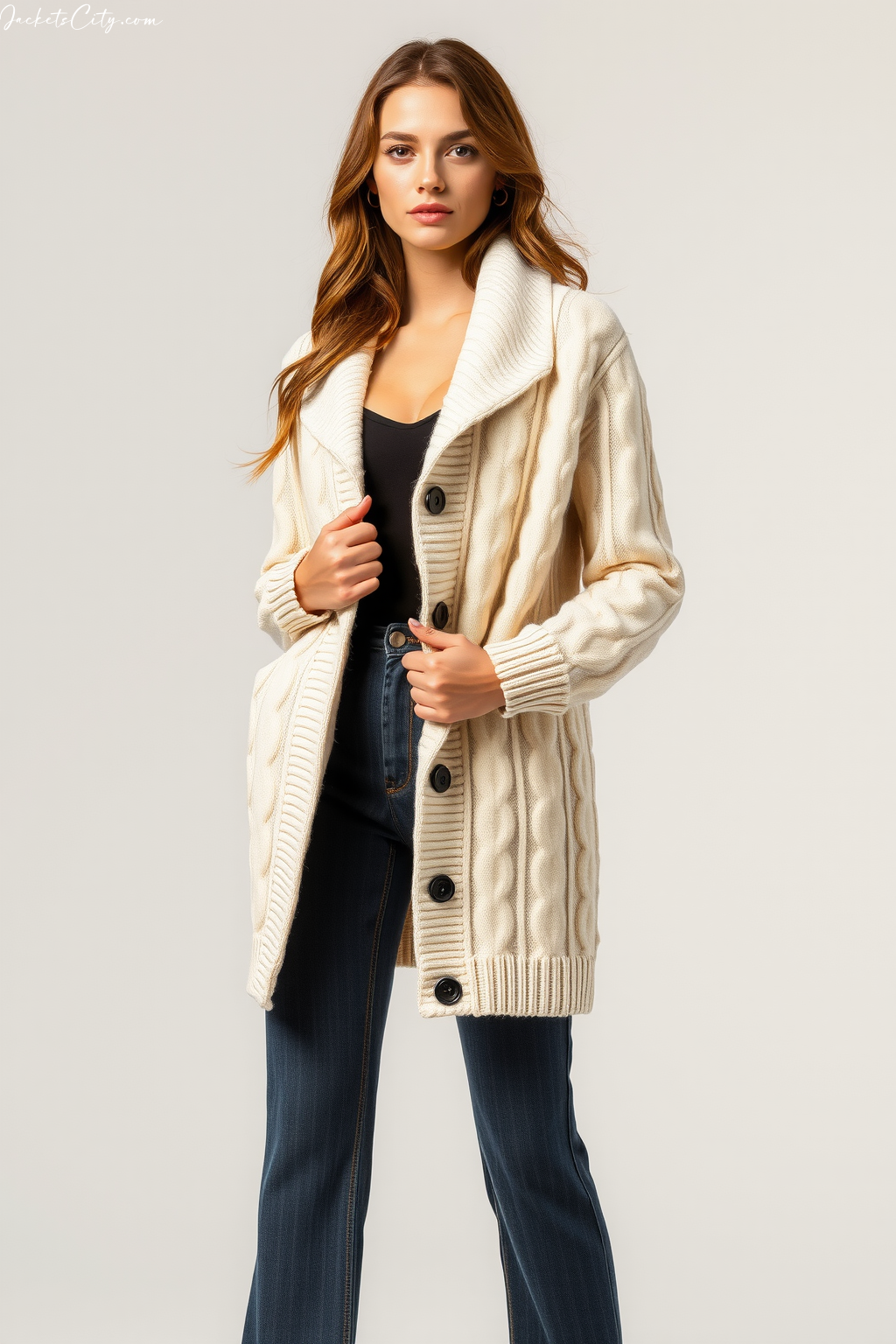 Women's Ivory Cable Knit Cardigan Jacket - Premium High Collar Design