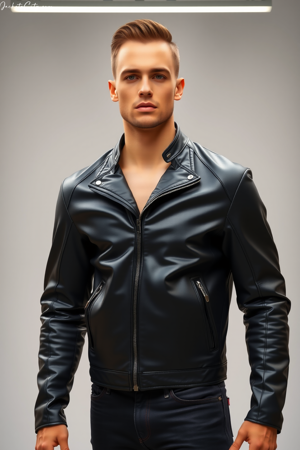 Jet Black Leather Racer - Contemporary Men's High Collar Jacket