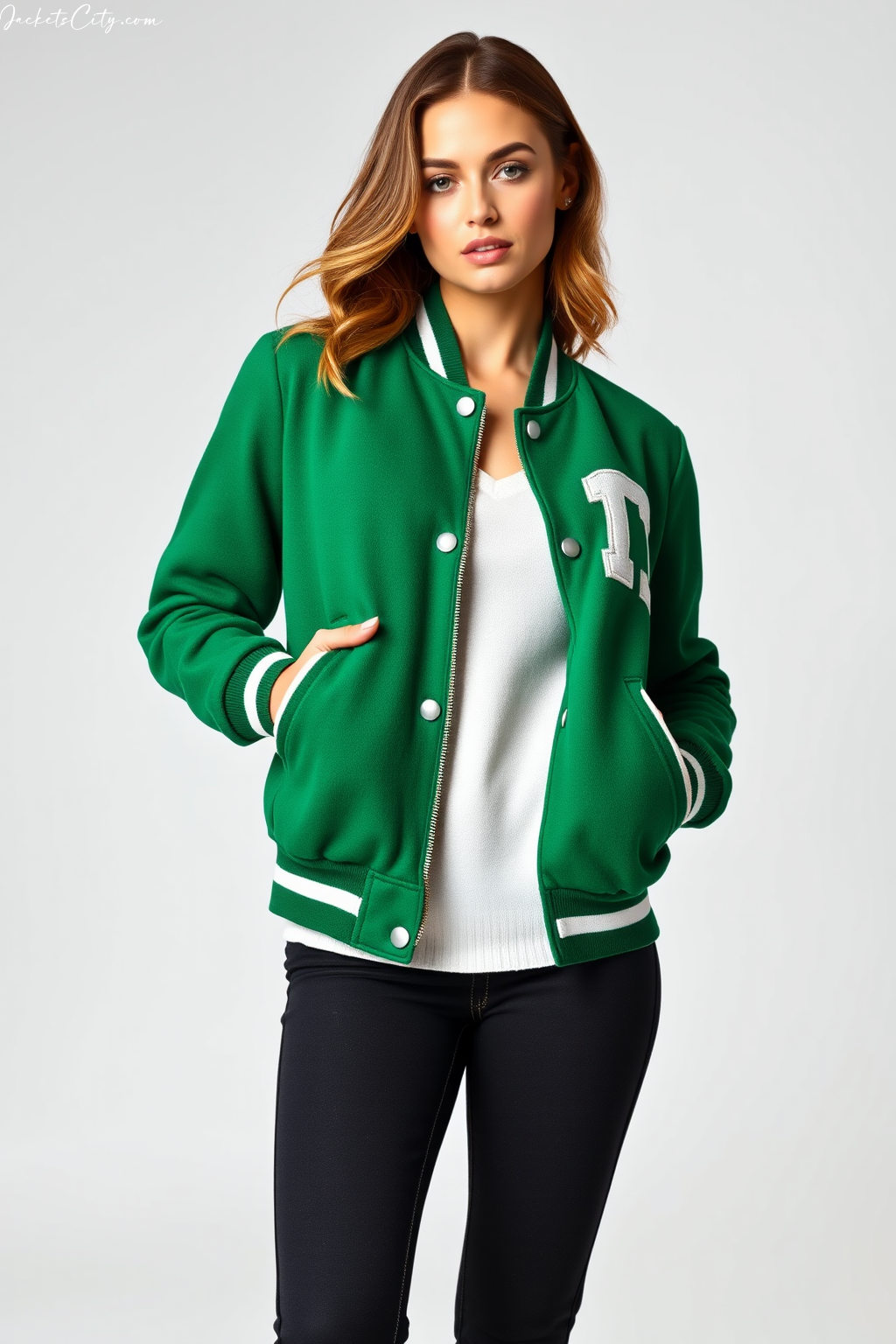 Kelly Green White Varsity Jacket for Women – Classic Premium Wool Style