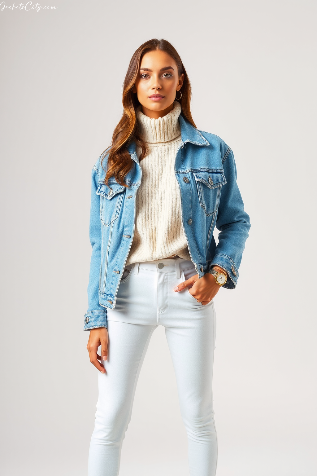 Light Blue Jean Jacket Outfit with Cream Sweater - Style Guide