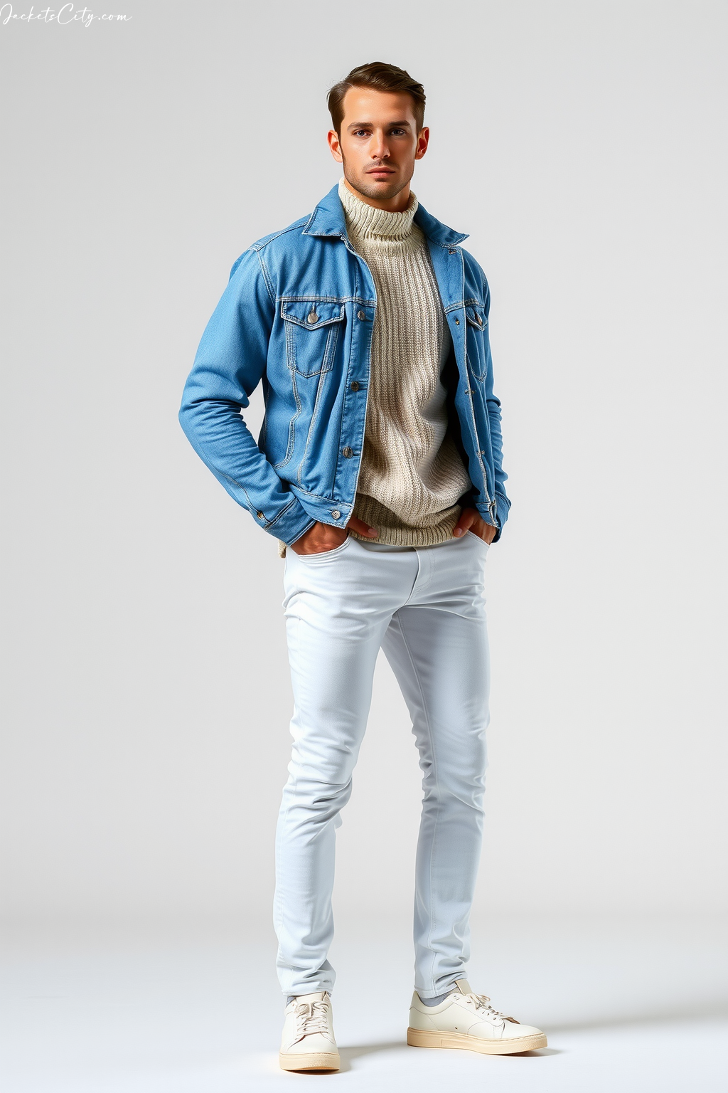Light Blue Jean Jacket Layering with Cream Sweater - Perfect Combo