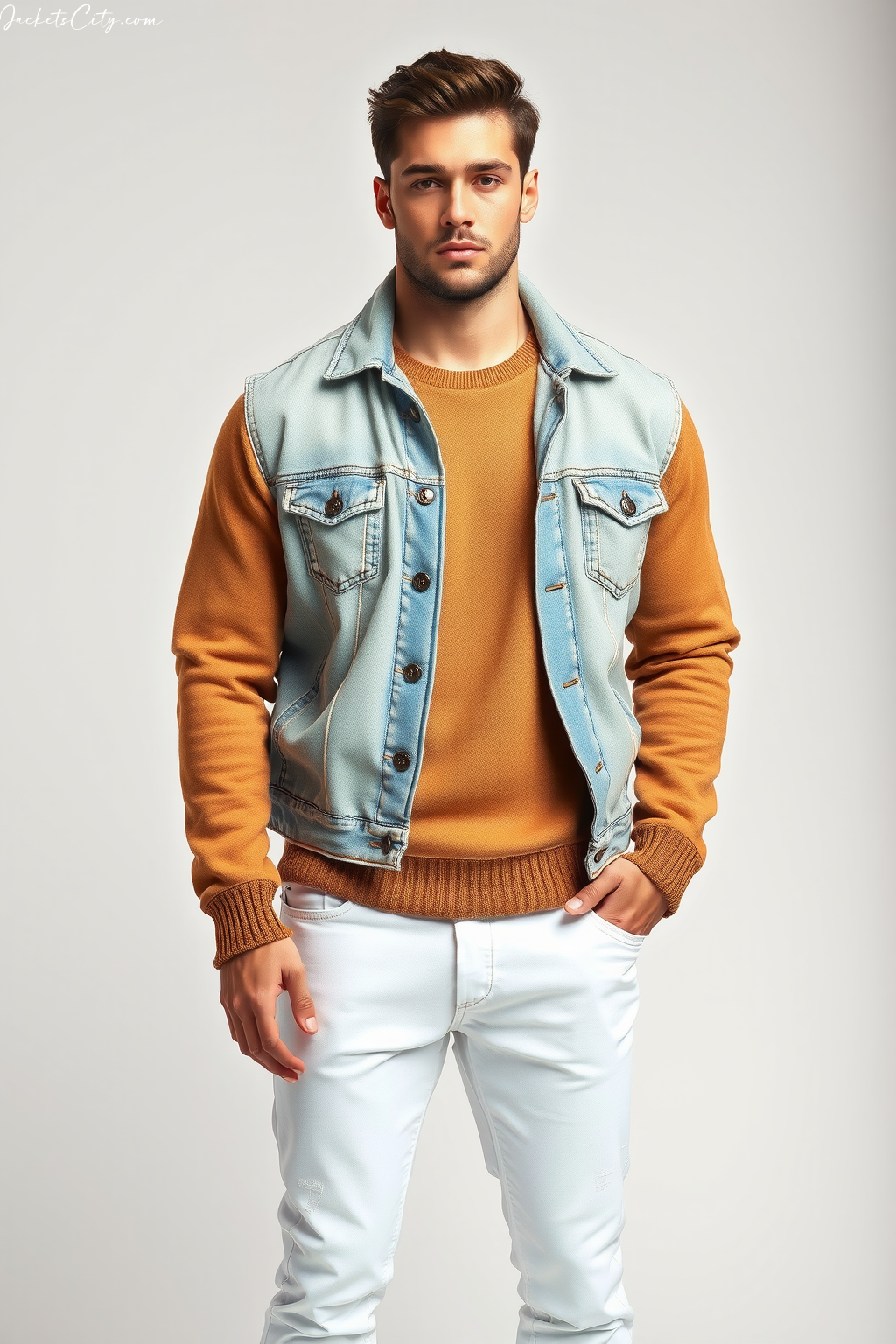 How to Layer: Light Denim Jacket + Camel Sweater