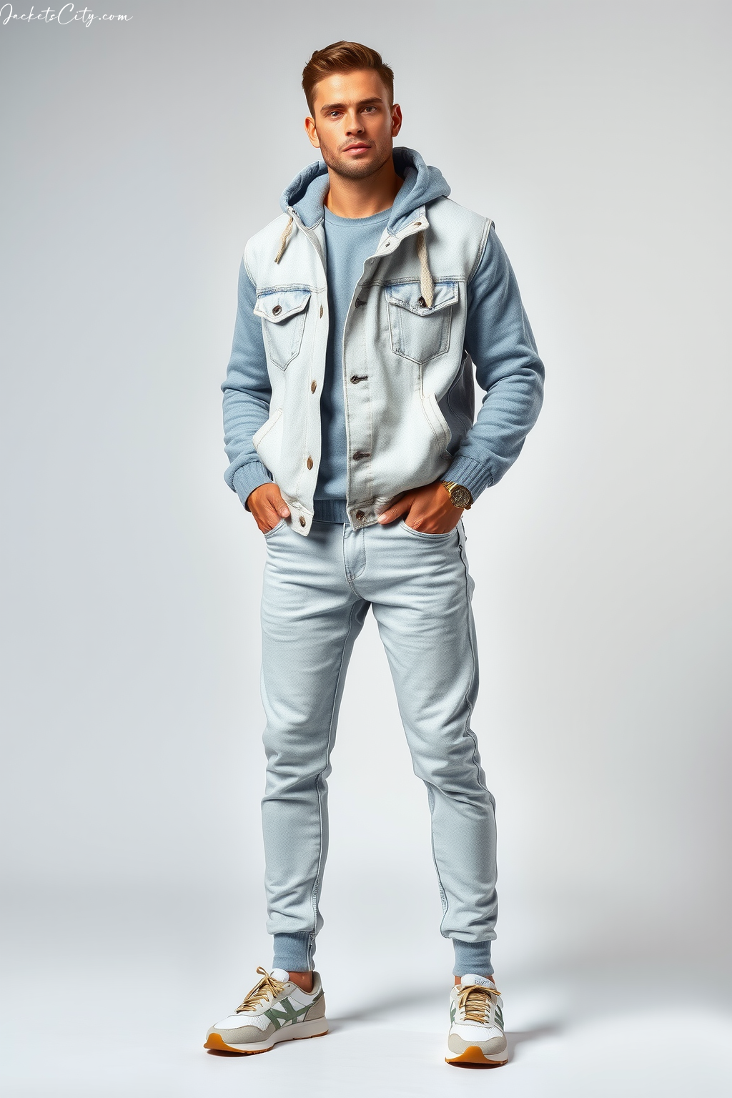 Style Guide: Light Wash Denim Grey Hoodie with Layered Look