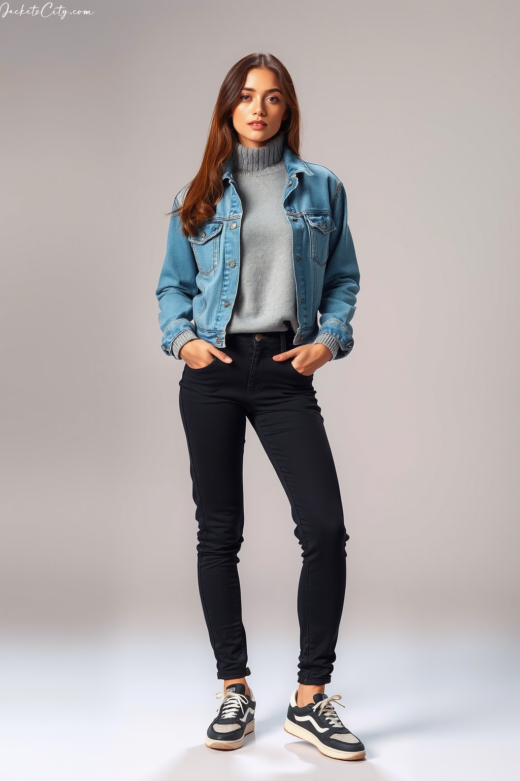 Chic Look: Light Wash Jean Jacket and Grey Sweater
