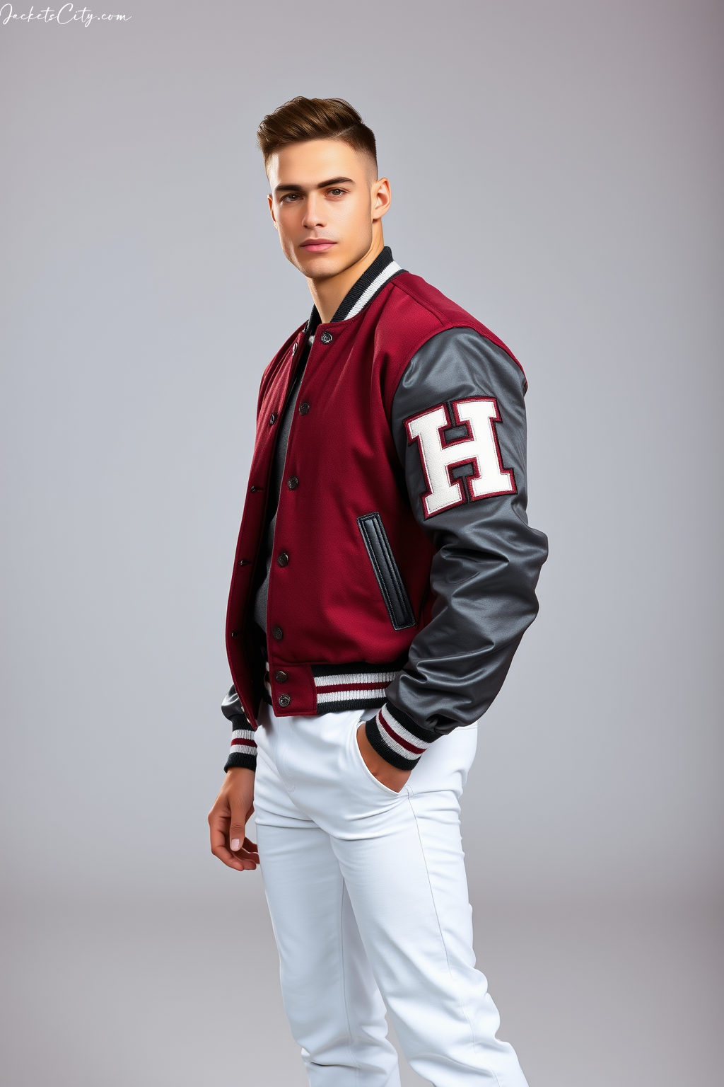 Maroon and Gray Varsity Jacket with Embroidered Patches