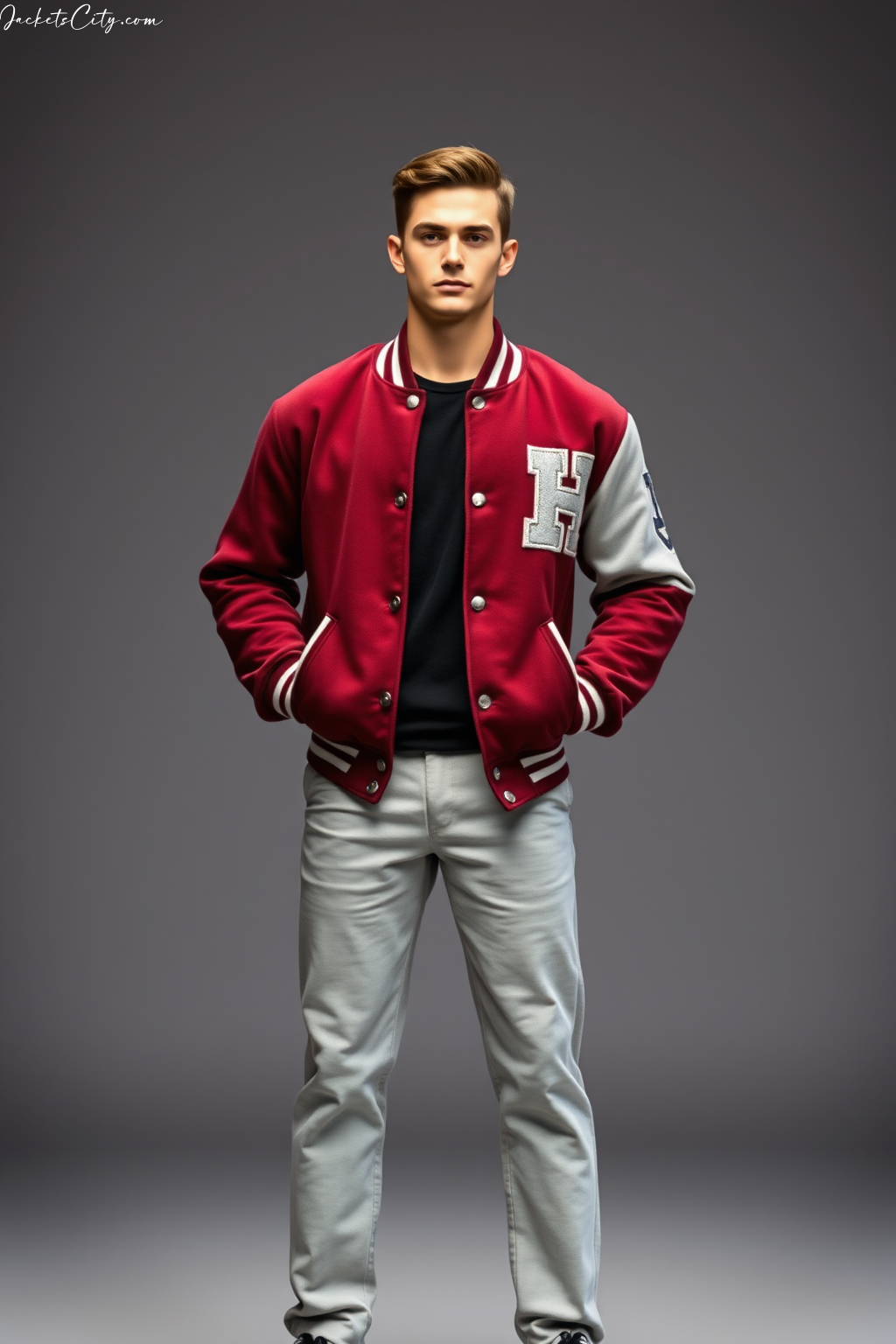 Maroon and Gray Varsity Jacket with Contrast Sleeves