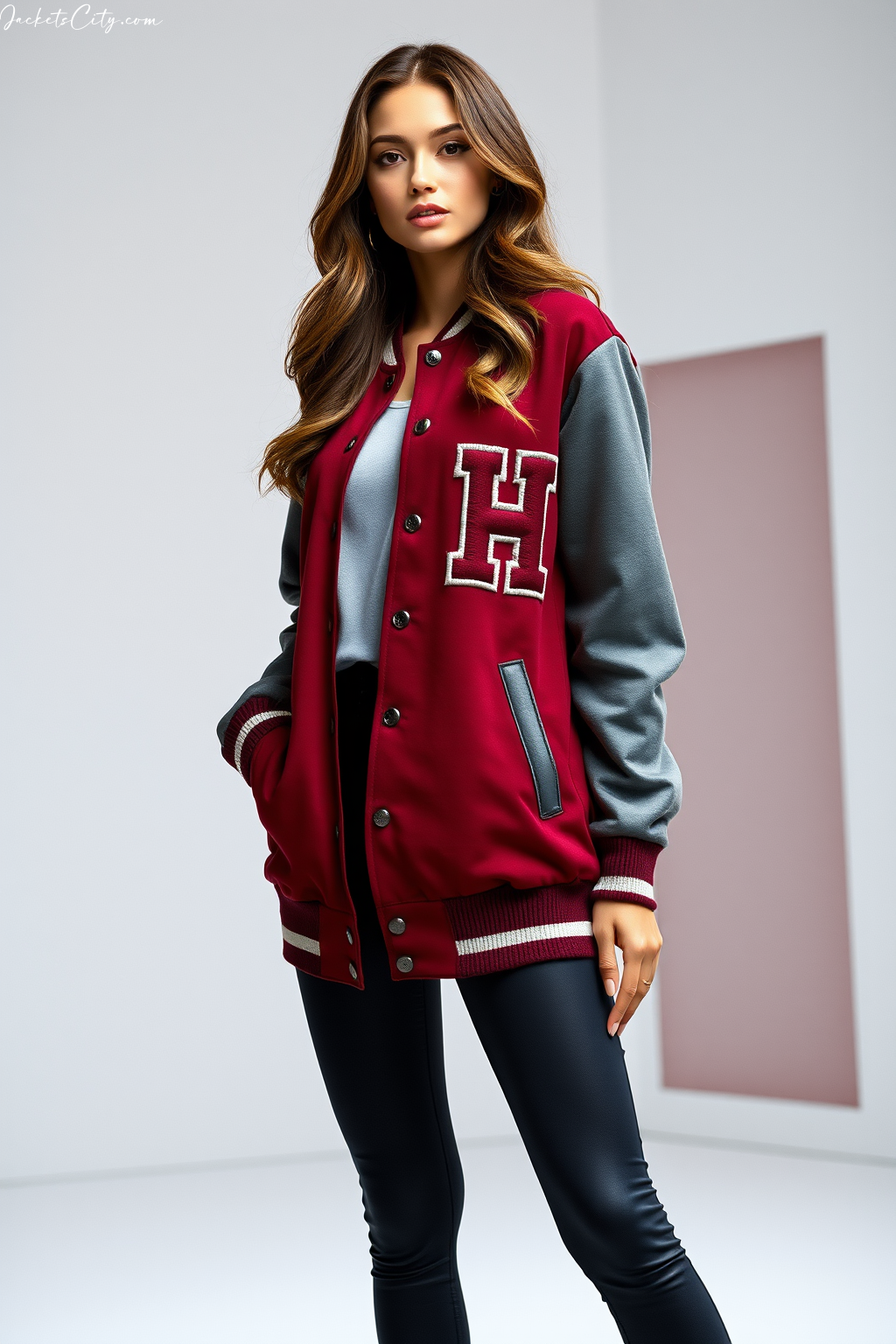 Maroon Gray Women’s Varsity Jacket – Authentic Leather Sleeves