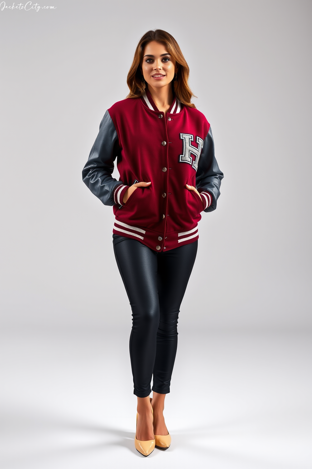 Women’s Maroon Gray Letterman Jacket – Premium Leather Sleeves