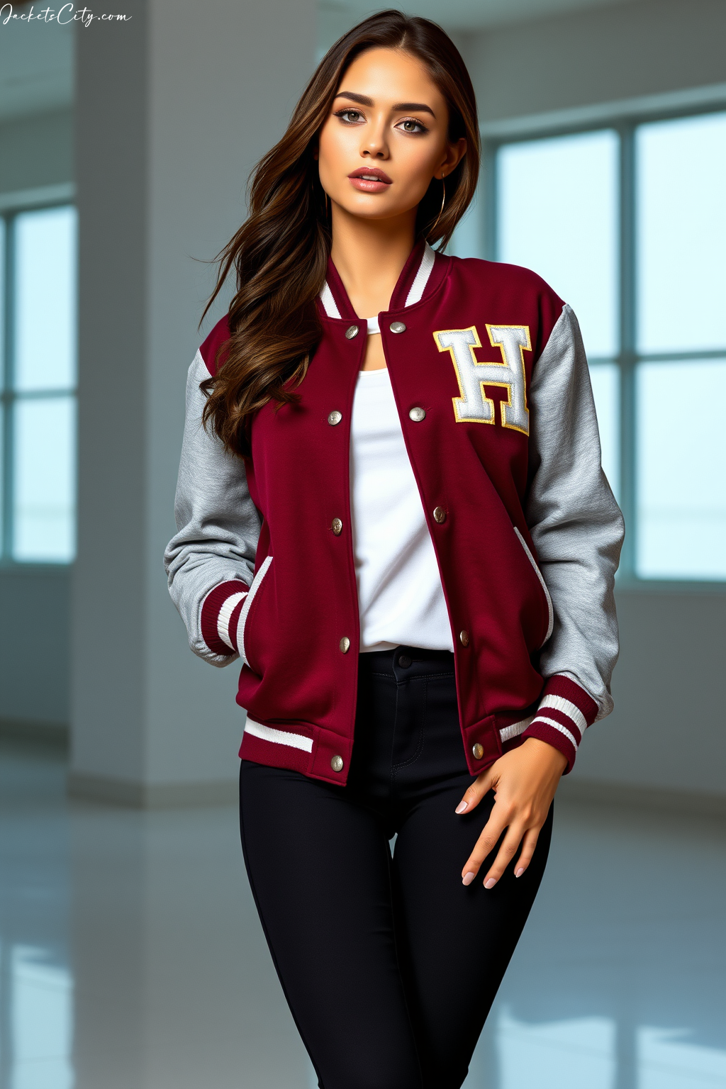 Maroon Gray Women’s Letterman Jacket with Melton Wool – Varsity Style Perfection