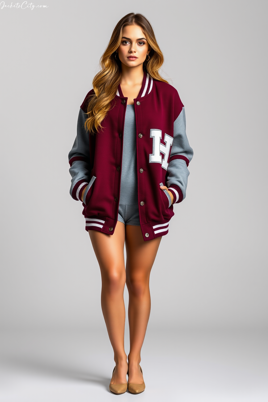 Maroon Gray Varsity Jacket for Women – Classic Melton Wool Style