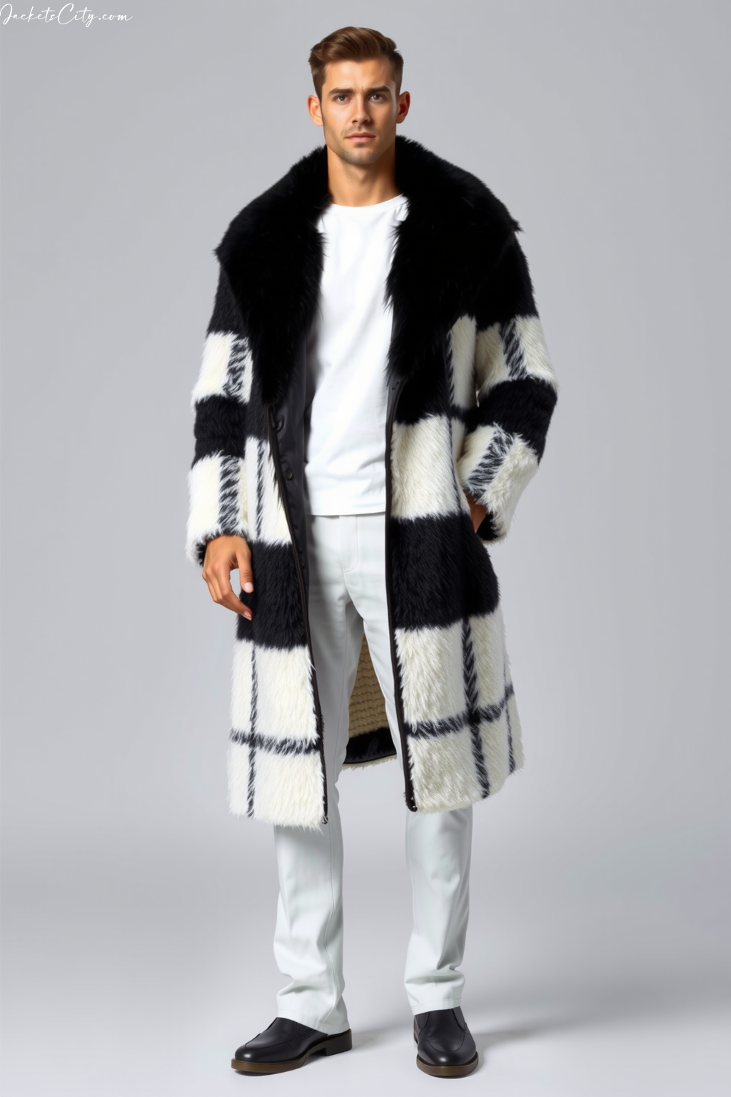 Black And White Checkered Long Fur Coat Minimalist Outfit