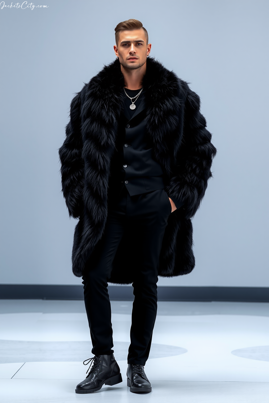Black Faux Fur Coat All-Black Outfit