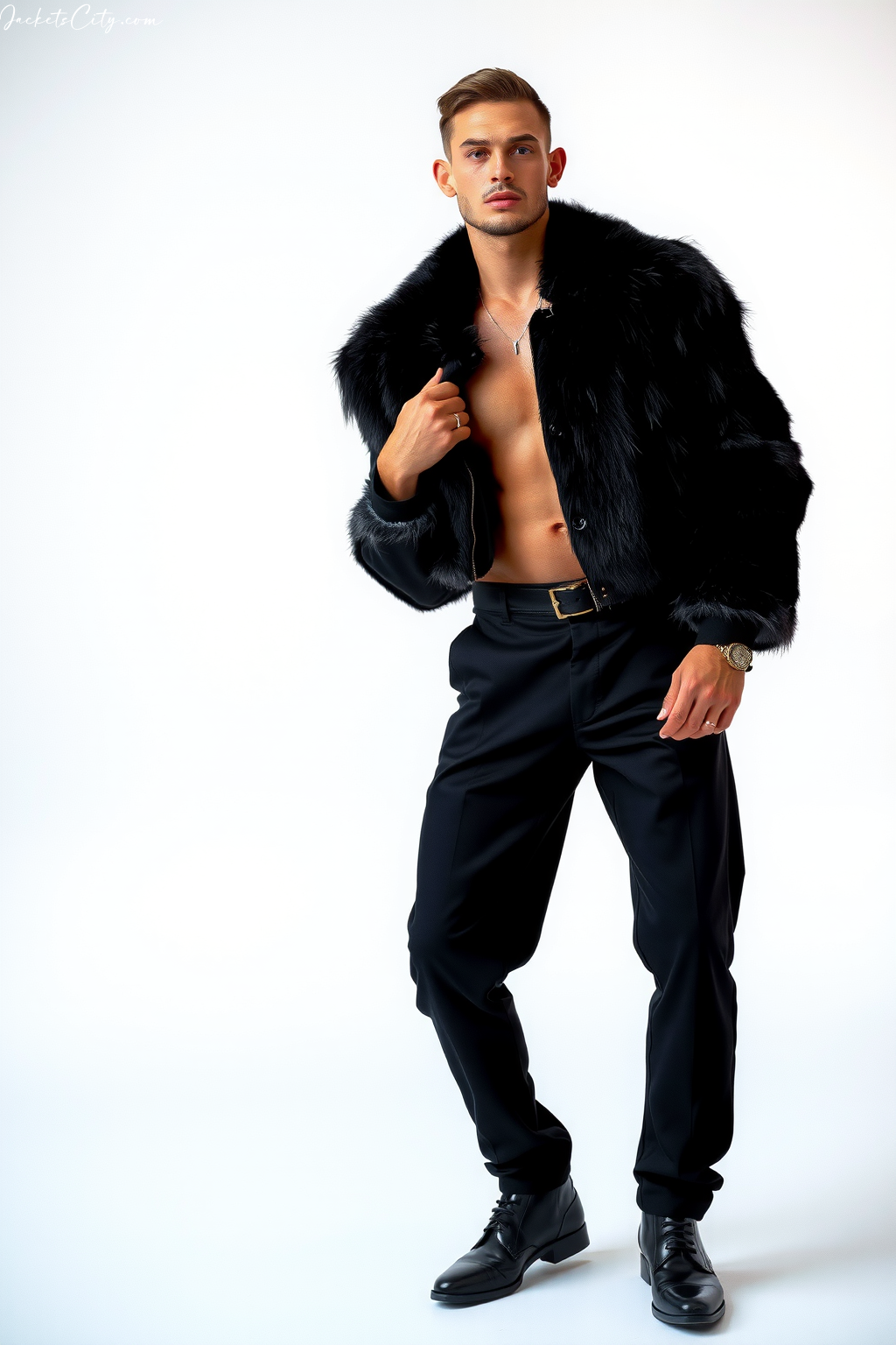 Black Faux Fur Cropped Jacket Black High-Waist Pants