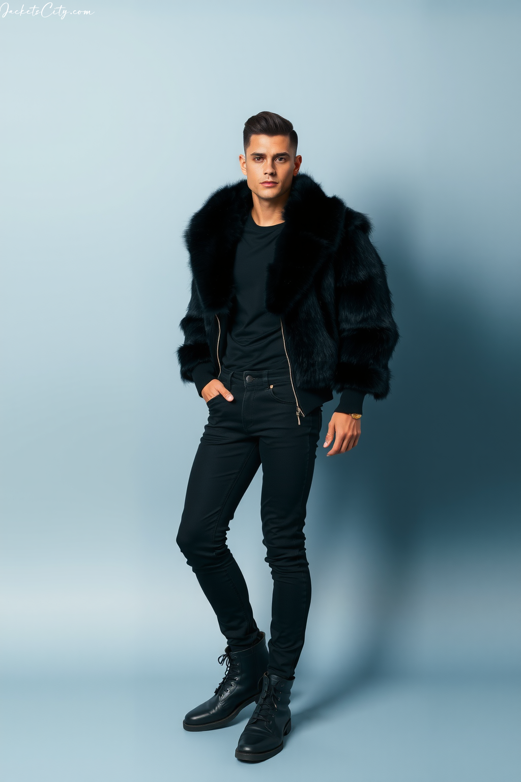Black Fur Bomber Jacket Black Jeans