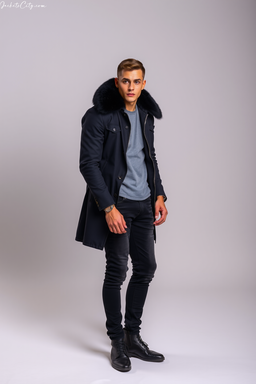 Black Fur Collar Coat Black Denim