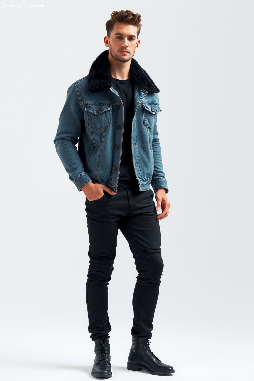 Black Fur Collar Denim Jacket Black Outfit