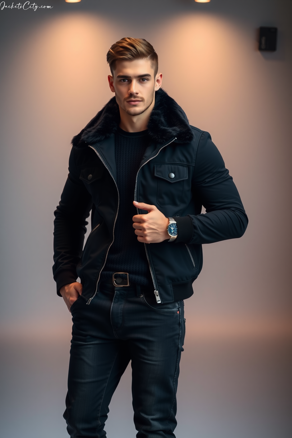 Black Fur Collar Jacket Black Jeans