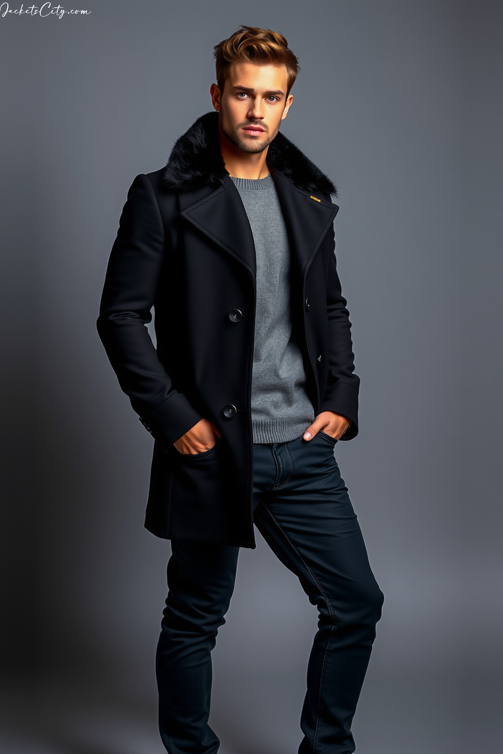 Black Fur Collar Peacoat Black Denim