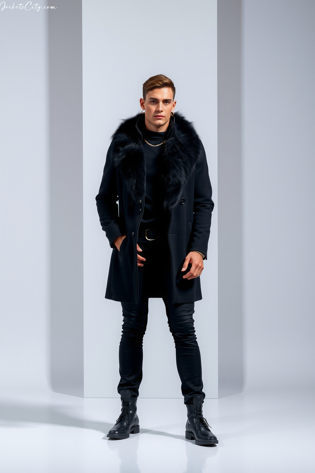 Black Fur Trim Cape Coat Black Outfit