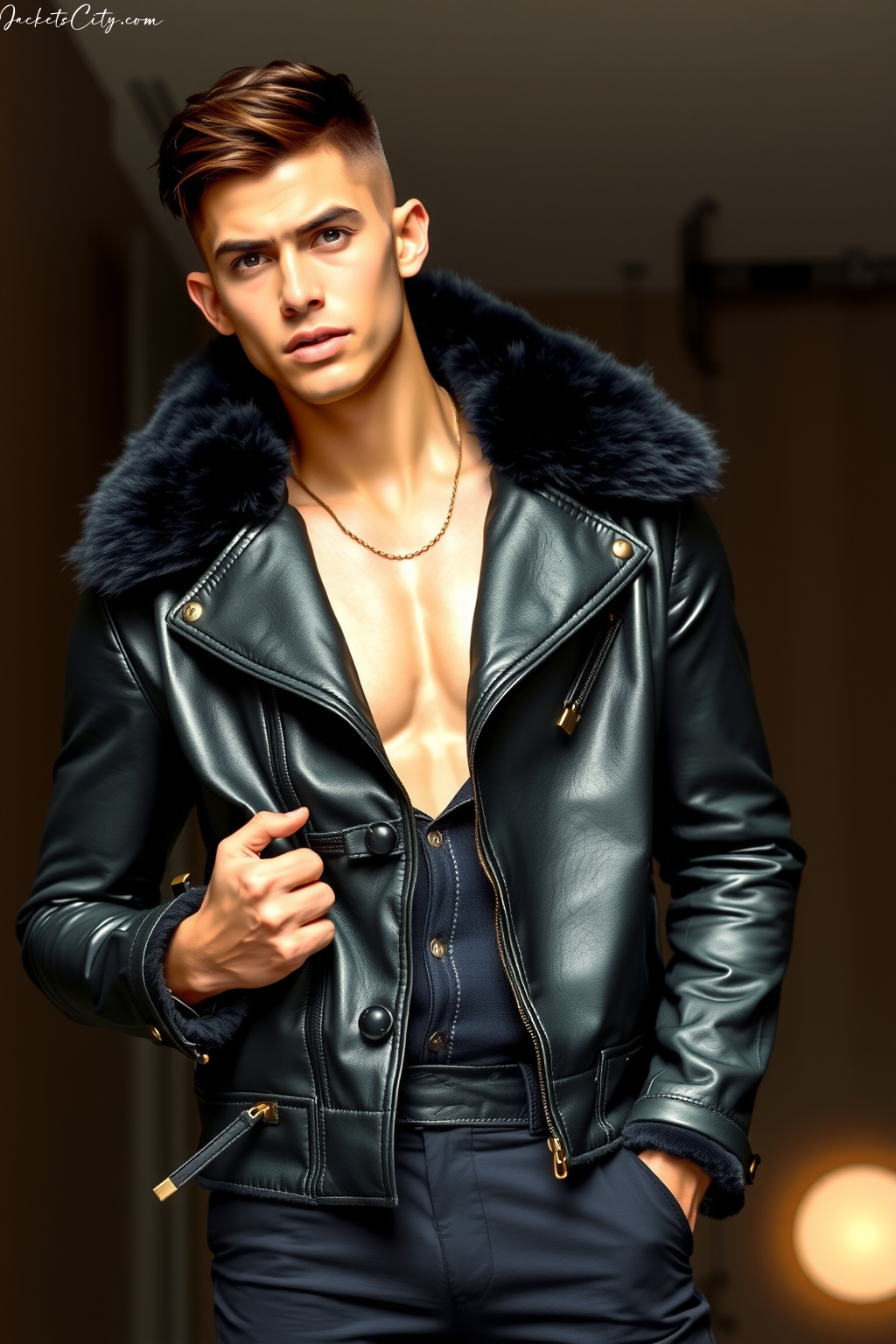 Black Fur Trim Leather Jacket All Black