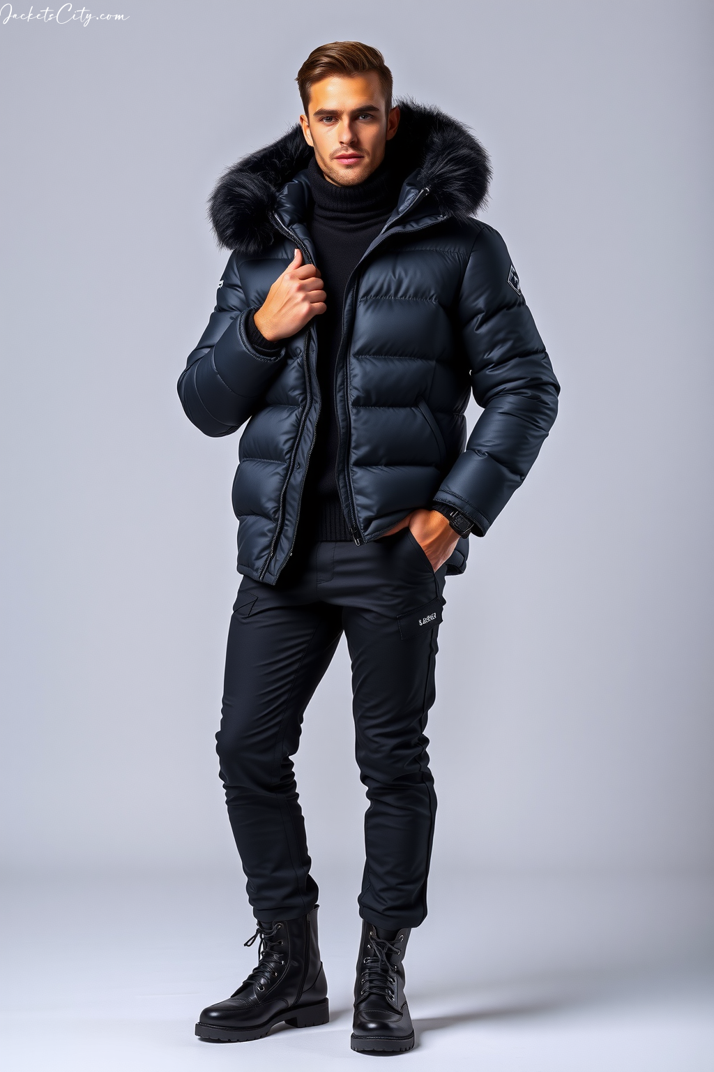 Black Fur Trim Puffer Black Snow Outfit