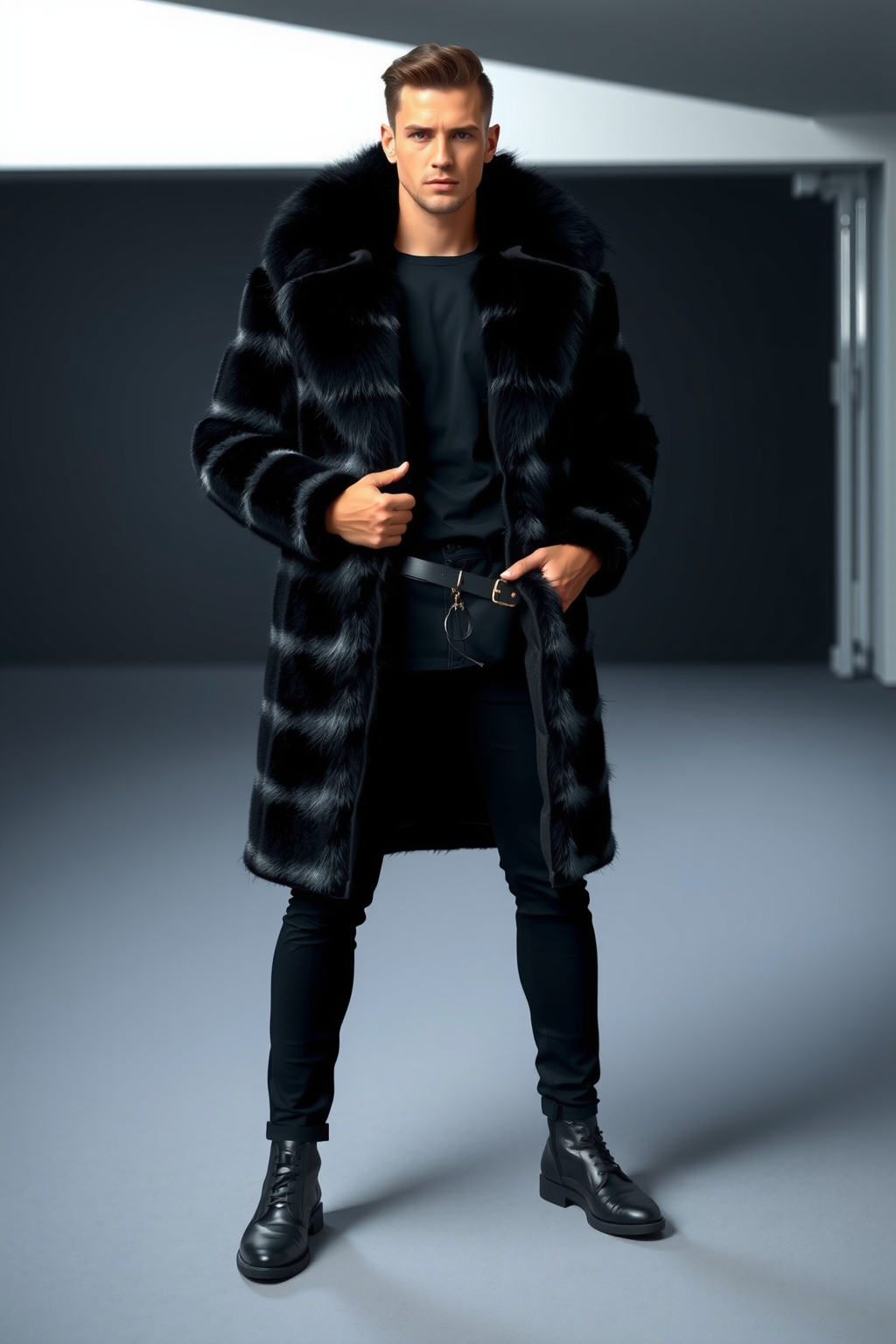 Black Long Fur Coat All-Black Outfit Underneath