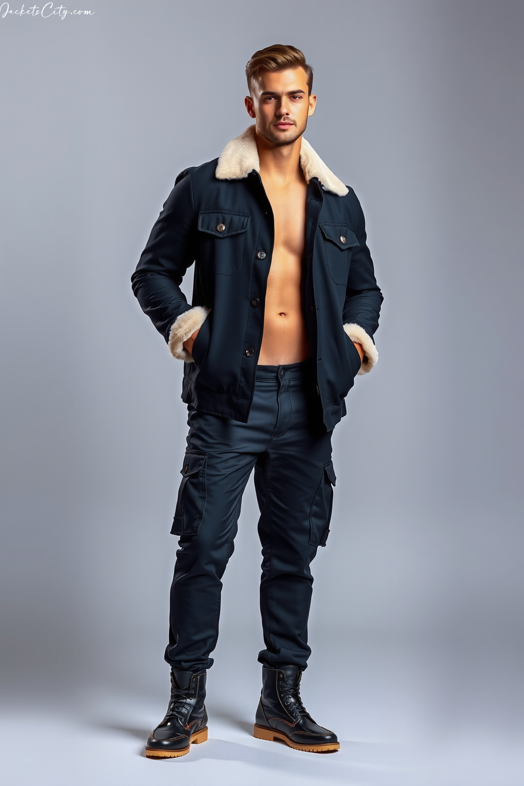 Black Shearling Field Jacket Black Cargo Pants