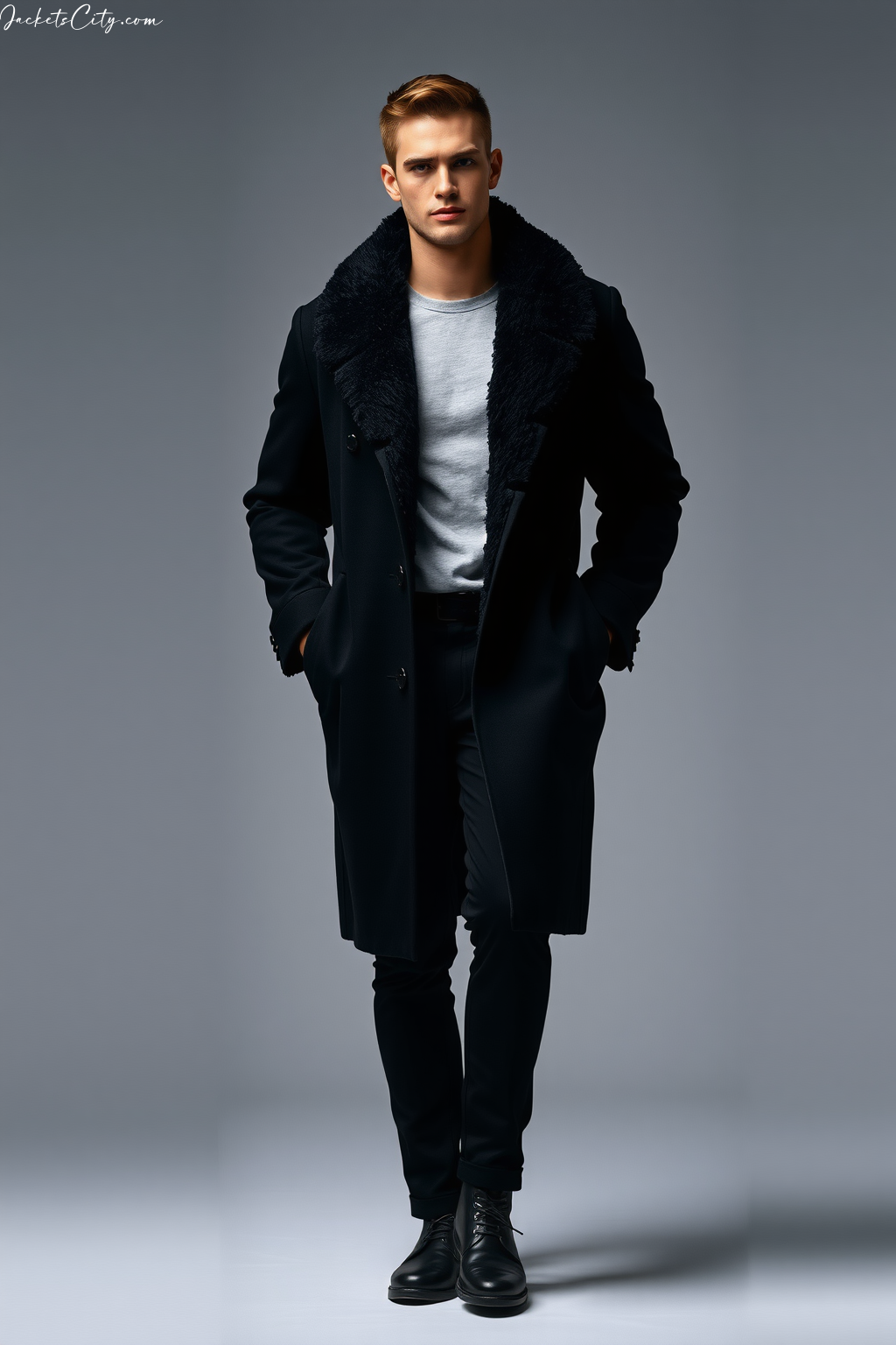 Black Shearling Long Coat Black Monochrome