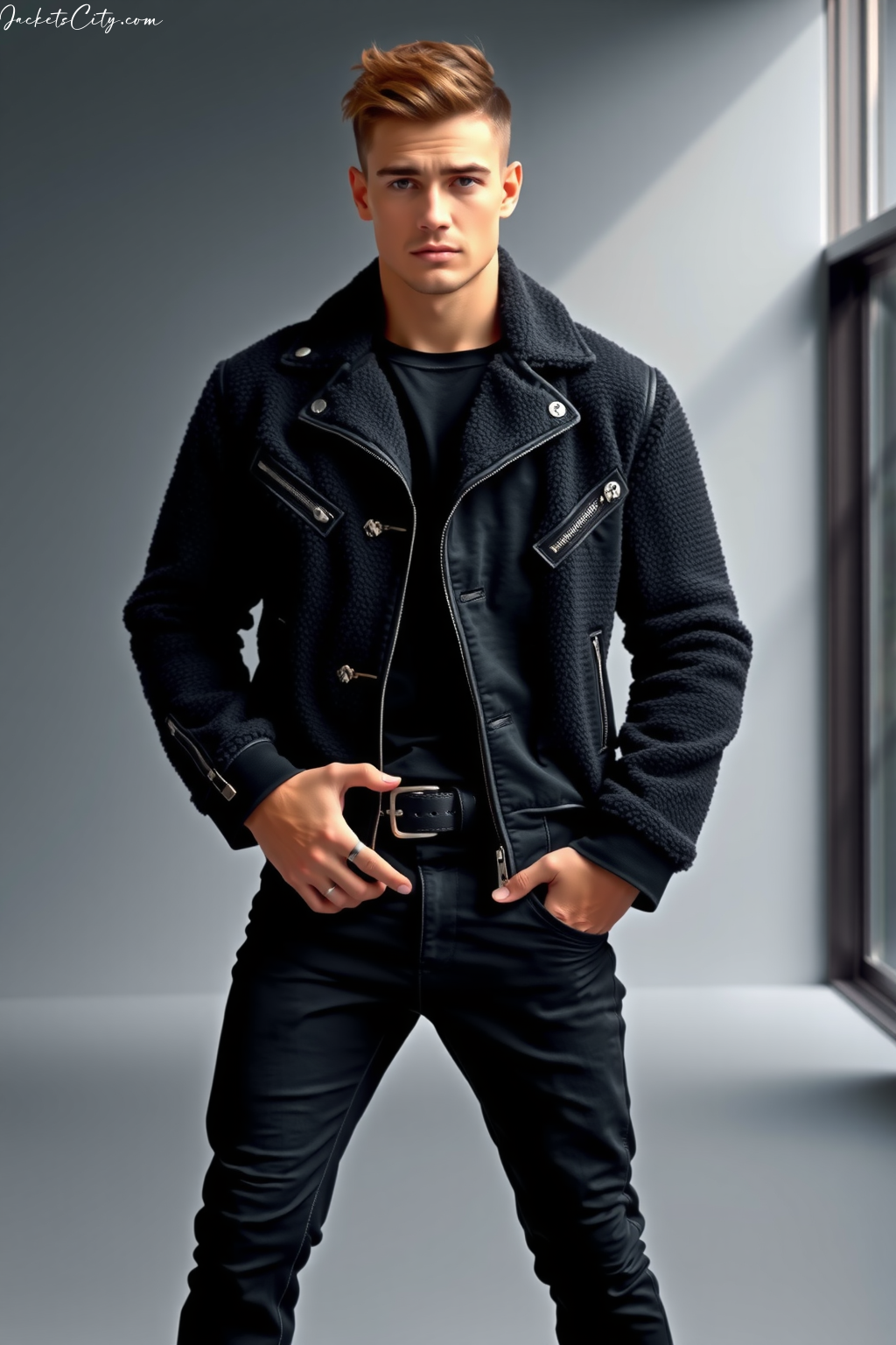 Black Teddy Biker Jacket Black Jeans