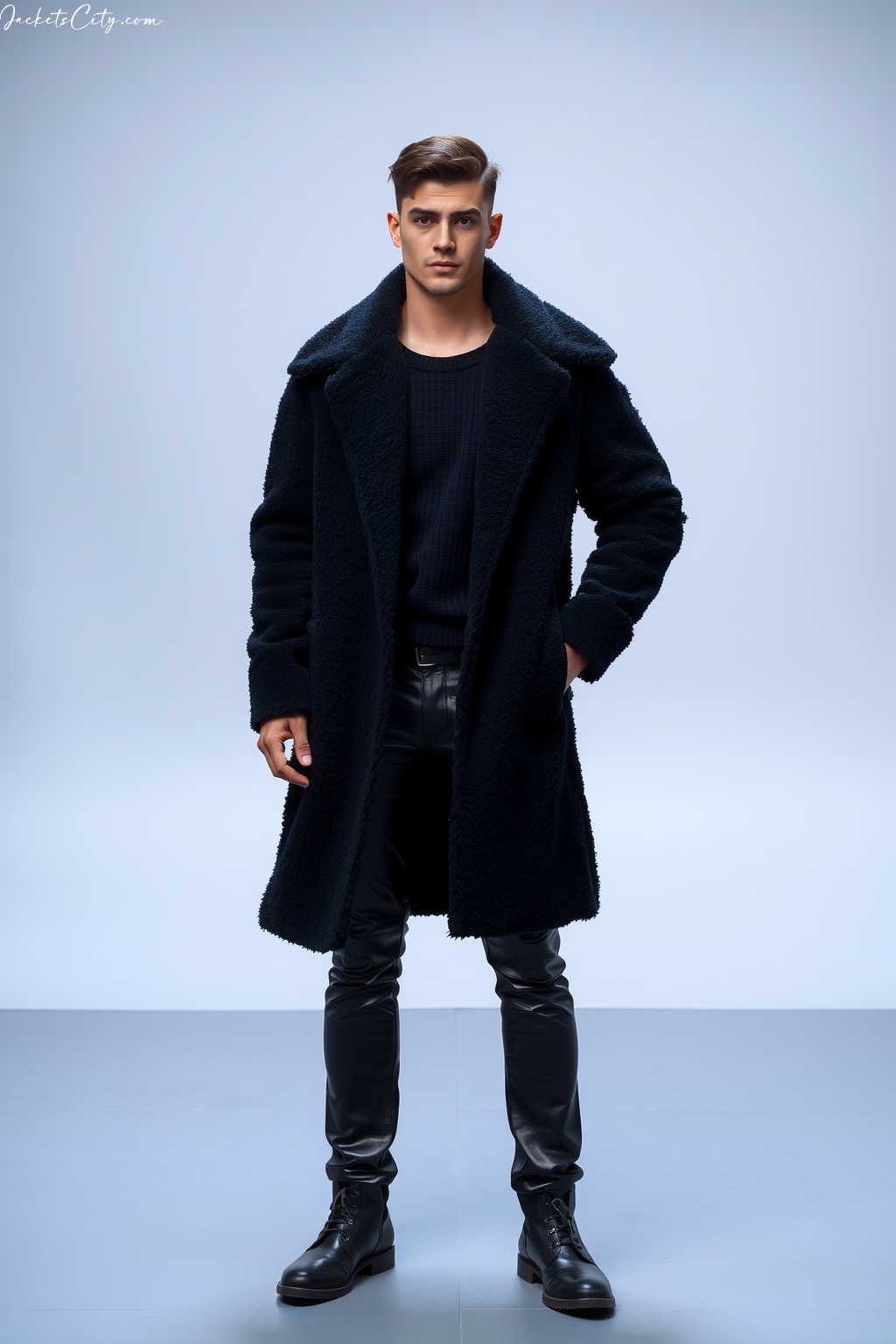 Black Teddy Coat Black Leather Pants