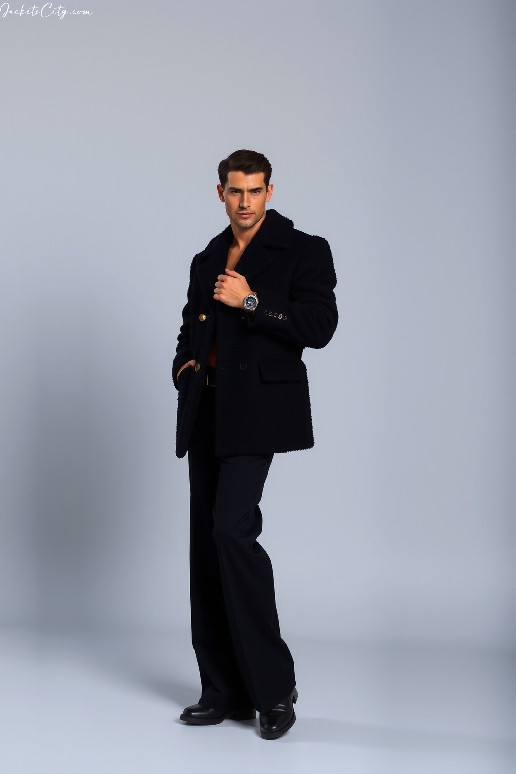 Black Teddy Coat Cropped Black Wide Pants